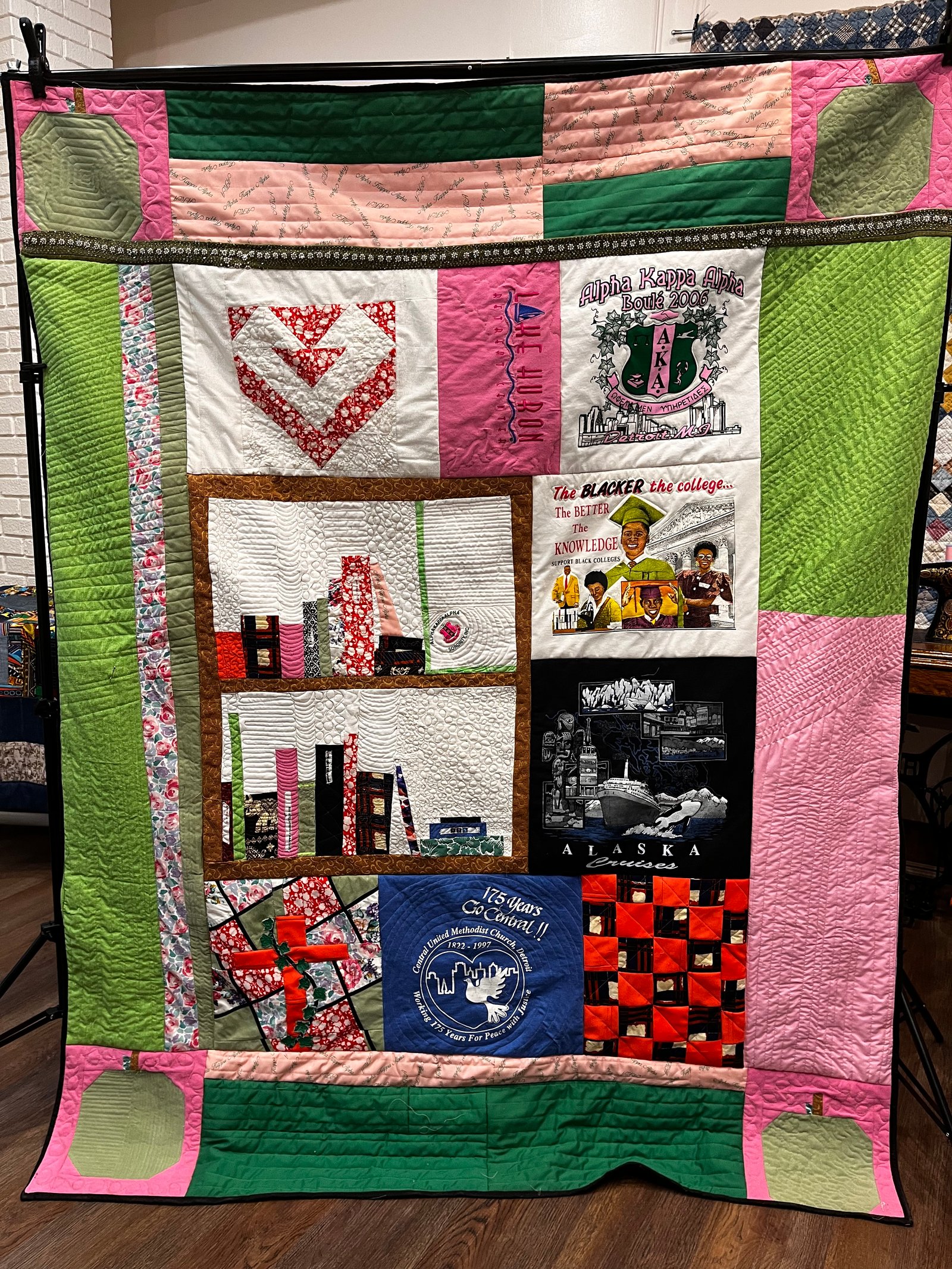 Keepsakes — memorial quilt materials (blue and orange clothing) prepared with care