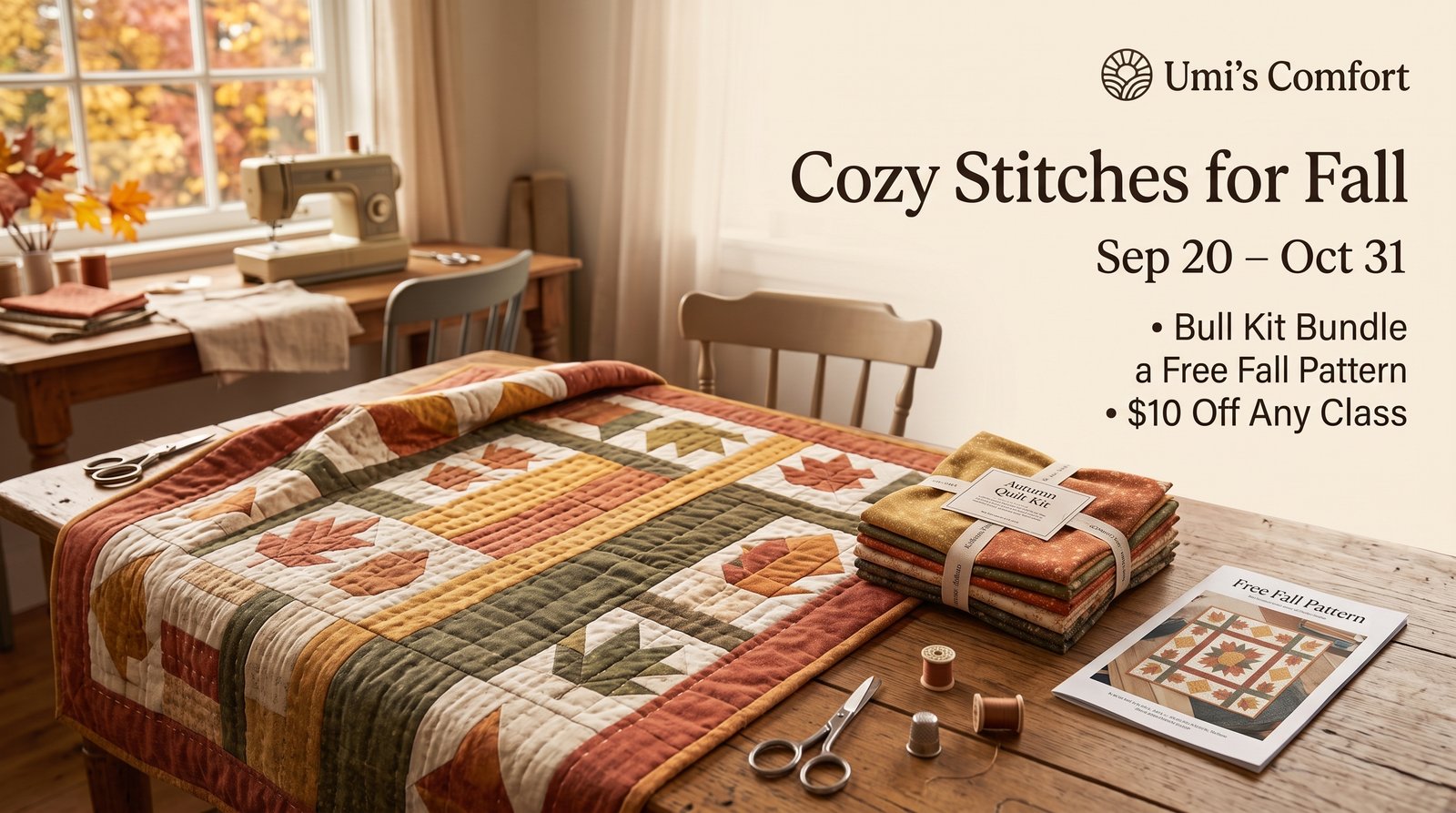 Cozy Stitches for Fall — fall kit bundle and class special, September 20 through October 31