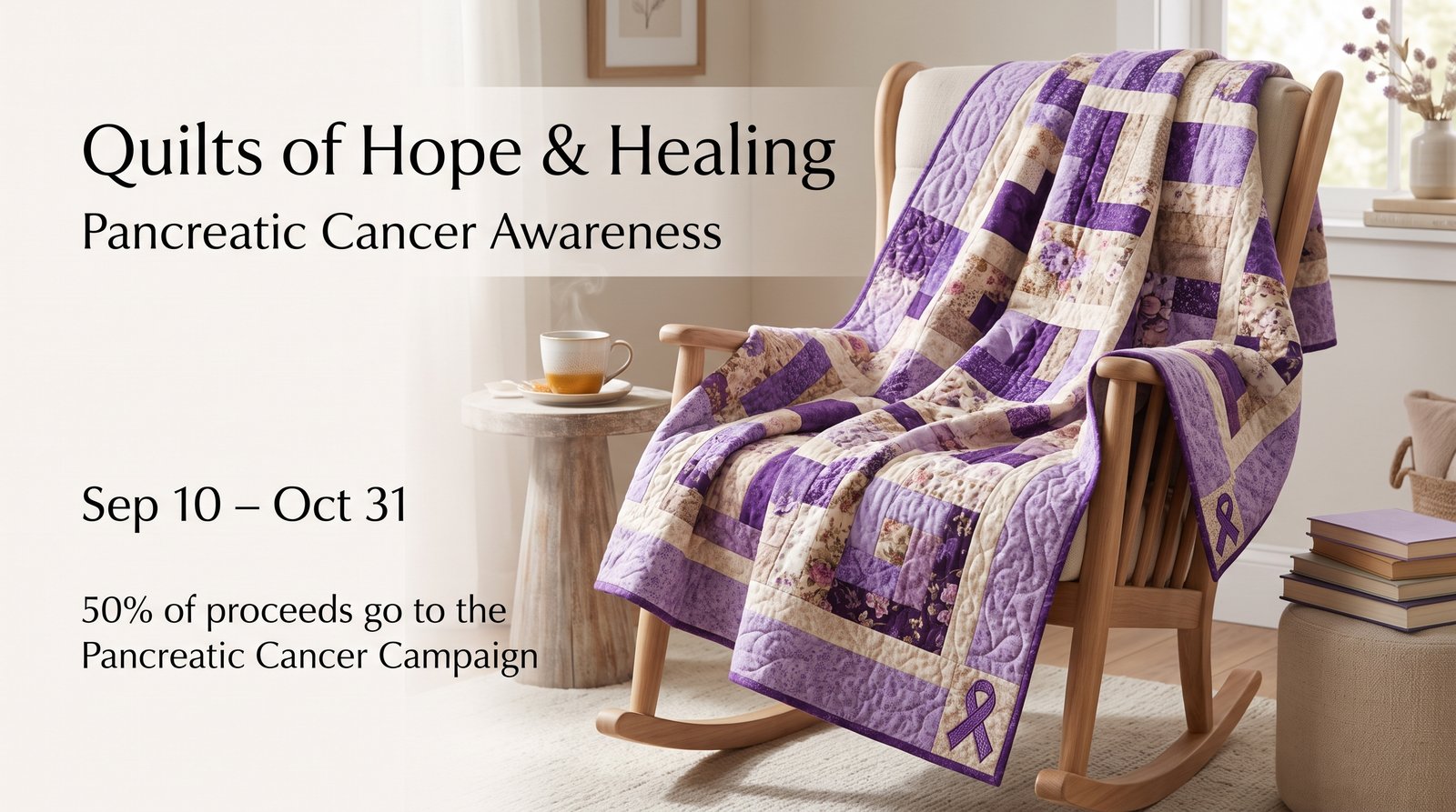 Quilts of Hope and Healing — Pancreatic Cancer Awareness, fifty percent of proceeds to the Pancreatic Cancer Campaign, September 9 through October 31